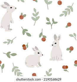 Seamless pattern with cute baby rabbits and cranberries. Hand drawn childish background with forest animals. Endless baby texture for wallpaper, textile and prints. Charming woodland illustration