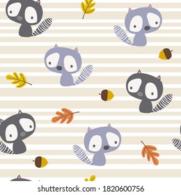 Seamless pattern with cute baby raccoons. Kids vector background