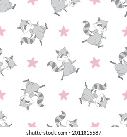 Seamless pattern with cute baby raccoons. Kids vector background