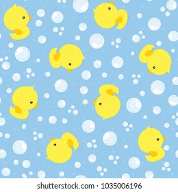 seamless pattern with cute baby rubber ducks on blue background, design for baby and child, can be used for invitations, nursery art decor, newborn baby decoration and baby shower