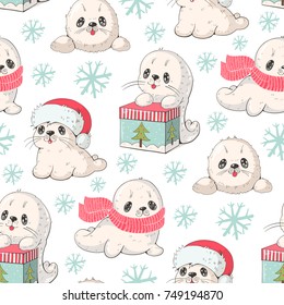 Seamless pattern with a cute baby seal and christams presents.   Vector illustration