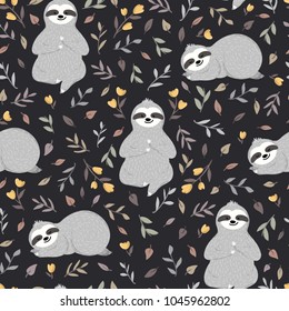 Seamless pattern with cute baby sloths relaxing among flowers and leaves. Set of adorable animals sleeping in the forest. Vector illustration