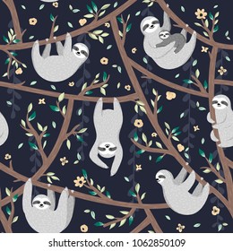 Seamless pattern with cute baby sloths hanging on the tree. Hand drawn adorable animal background in the childish style. Vector rainforest set of funny sloths, flowers, leaves