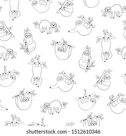 Seamless pattern with cute baby sloths hanging on the tree. Black and white line art. Hand drawn adorable animal background in the minimalist style. Vector rainforest set of funny sloths