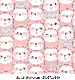 Seamless pattern with cute baby sloths hanging on the tree. Hand-drawn adorable animal background in the childish style.