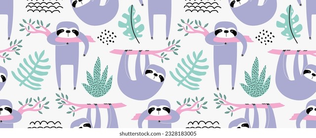 Seamless pattern with cute baby sloths hanging on the tree. Hand drawn adorable animal background in the childish style.