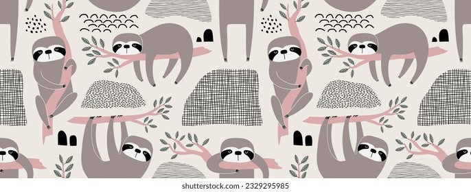 Seamless pattern with cute baby sloths hanging on the tree. Hand drawn adorable animal background in the childish style.