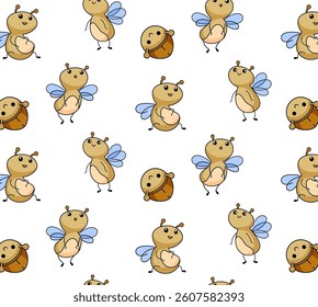seamless pattern cute baby spring motif fly beetle bee