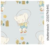 Seamless pattern with Cute Baby Teddy Bear jumping rope. Hand drawn vector illustration. Can be used for kid's or baby's shirt design, fashion print design, fashion graphic, t-shirt, kids wear.