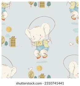 Patrón sin foco con la cuerda de saltar del Oso de Teddy Bebé Cute. Ilustración vectorial dibujada a mano. Se puede usar para el diseño de camisas para niños o bebés, diseño de huellas de moda, gráficos de moda, camisetas, ropa para niños.