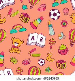 Seamless pattern with cute baby toys on red background. The good choice for childrens accessories, fabric and other. Vector illustration