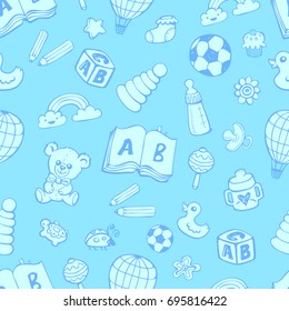 Seamless pattern with cute baby toys in blue monochrome colors on blue background. The good choice for children accessories, fabric and other. Vector illustration