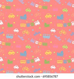 Seamless pattern with cute baby toys on red background. The good choice for children accessories, fabric and other. Vector illustration