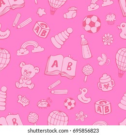 Seamless pattern with cute baby toys in pink monochrome colors on pink background. The good choice for children accessories, fabric and other. Vector illustration