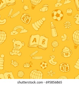 Seamless pattern with cute baby toys in yellow monochrome colors on yellow background. The good choice for children accessories, fabric and other. Vector illustration