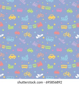Seamless pattern with cute baby toys on blue background. The good choice for children accessories, fabric and other. Vector illustration