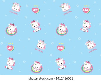 Seamless pattern, Cute baby unicorn cartoon on blue background illustration vector.