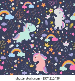 Seamless pattern with cute baby unicorn.The colors are delicate and pastel.Vector illustration.