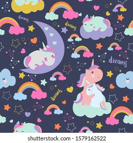 Seamless pattern with cute baby unicorn.The colors are delicate and pastel.