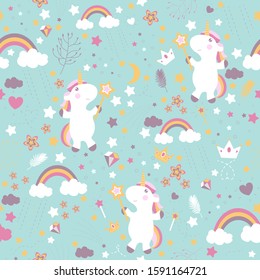 Seamless pattern with cute baby unicorn.The colors are delicate and pastel.Vector illustration.