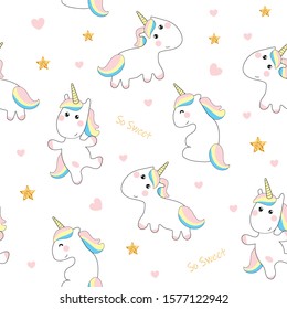 Seamless pattern with cute baby unicorn.Gold stars and the inscription.Vector illustration.