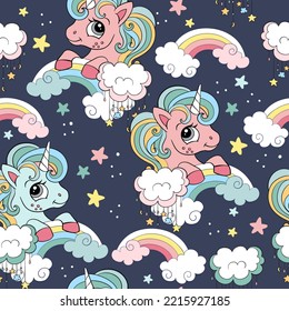 Seamless pattern with cute baby unicorns on a rainbow in soft pastel colors on blue background. Vector illustration for party, print, baby shower, wallpaper, design, decor, dishes, bed linen, apparel