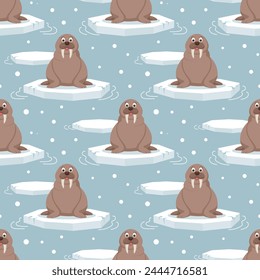 Seamless pattern with cute baby walruses on an ice floe on a blue background. Design for print, textile, fabric. Vector