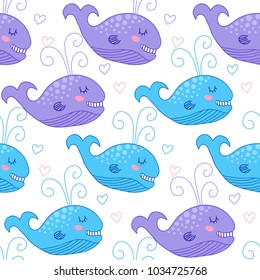 Seamless pattern with cute baby whale cartoon hand drawn vector illustration