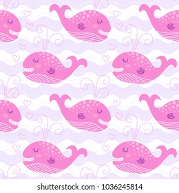 Seamless pattern with cute baby whale cartoon hand drawn vector illustration