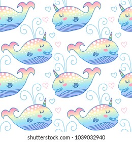 Seamless pattern with cute baby whale cartoon hand drawn vector illustration