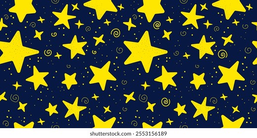 Seamless pattern cute baby pattern with yellow stars on blue background doodle style hand drawn pattern. Pattern for wrapping paper, textile, for kids clothes