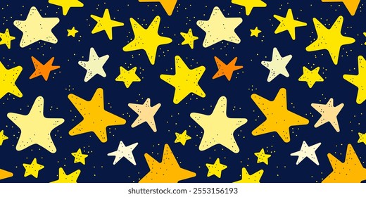 Padrão contínuo padrão bonito bebê com estrelas amarelas no fundo azul doodle estilo mão desenhado padrão. Padrão para embrulhar papel, têxteis, para roupas infantis e capa para notebook