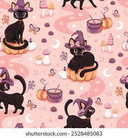 Seamless pattern with cute back cats with purple witch hats and pink coquette bows and orange pumpkins on a fun Halloween design. Repeated surface vector print.