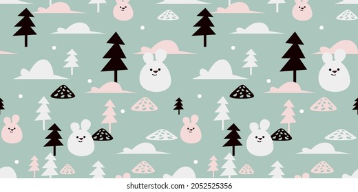 
Seamless pattern, Cute background with a bear in the forest. Scandinavian style. Suitable for backgrounds, fabrics, covers, packaging.
