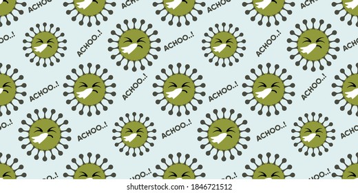 Seamless pattern of cute bacteria says achoo isolated on light blue background. Sneezing face good bacteria flat icon. Bacteriology concept design. Flat style design. vector illustration eps10.