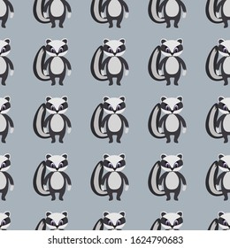 
Seamless pattern with cute badger in a flat style on a gray background. Stock vector illustration for decoration and design, packaging, wallpaper, wrapping paper, fabrics, posters, postcards, textile