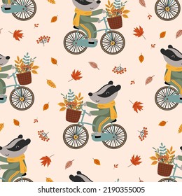 seamless pattern with a cute badger riding a bike