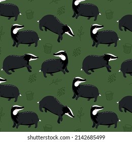 Seamless pattern with cute badgers in the forest. Cute animal graphics. Beautiful animal design elements, perfect for prints and patterns