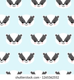Seamless pattern with cute badgers on blue background.