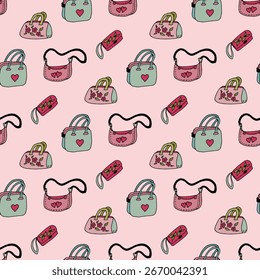 Seamless pattern with cute bags on light pink background. Vector image.