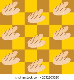 Seamless pattern. Cute baguette on checkerboard pattern yellow and brown. For Tablecloth, kitchen decoration, restaurant, tile , gift wrapping paper, utensils, bags, mugs, plates. Vector EPS10.