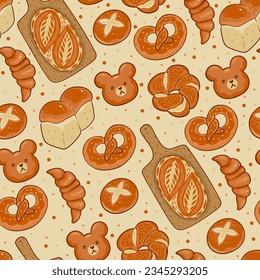 Seamless pattern with cute baked goods. Bread, buns, croissants, bagels. Vector graphics.