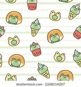 Seamless pattern of cute bakery in frog concept on white background.Food and animal design.Bread,cupcake,ice cream,cookies hand drawn.Baby clothing.Kawaii.Vector.Illustration.