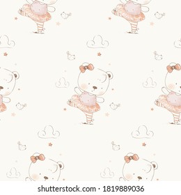 Seamless pattern with cute ballerina baby bear. Hand drawn vector illustration.