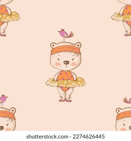Seamless pattern with cute ballerina baby bear and bird. Hand drawn vector illustration.