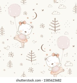 seamless pattern with cute ballerina Bear. Cartoon hand drawn vector illustration. Can be used for t-shirt print, kids wear fashion design, baby shower invitation card.