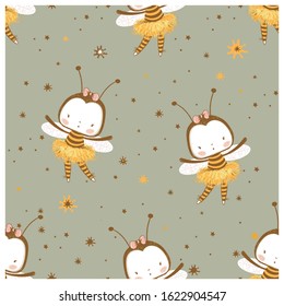 Seamless pattern with cute  ballerina Bee. Hand drawn vector illustration. Can be used for baby t-shirt print, fashion print design, kids wear, baby shower celebration greeting and invitation card.