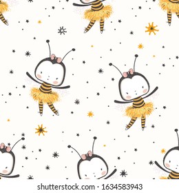 Seamless pattern with cute  ballerina Bee. Hand drawn vector illustration. Can be used for baby t-shirt print, fashion print design, kids wear, baby shower celebration greeting and invitation card.