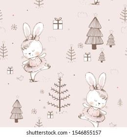 seamless pattern with cute  ballerina Bunny. Cartoon hand drawn vector illustration. Can be used for t-shirt print, kids wear fashion design, baby shower invitation card.