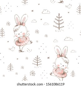 seamless pattern with cute ballerina Bunny. Cartoon hand drawn vector illustration. Can be used for t-shirt print, kids wear fashion design, baby shower invitation card.